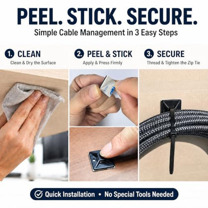 100 Pack Cable Tie Mounts, Self Adhesive Zip Tie Mount with 6 Inch Ties - color: Black