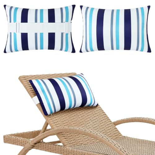 2 Pcs Outdoor Headrest Pillow for Patio Chaise Lounge 11"x16" | Navy Blue Striped Waterproof Pillows with Insert Adjustable Elastic Strap, Chair Head Resting Pillow for Recliner Beach Pool - color: Navy Blue Striped