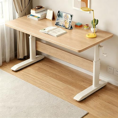 Manual Crank Standing Desk Adjustable Height 23.6-33.5 inch, Steel Frame Computer Table with Solid Wood Eco-Board Desktop and Cable Management Hole, mesa Gamer for Home Office(Natural,55IN) - color: Natural, size: 55IN