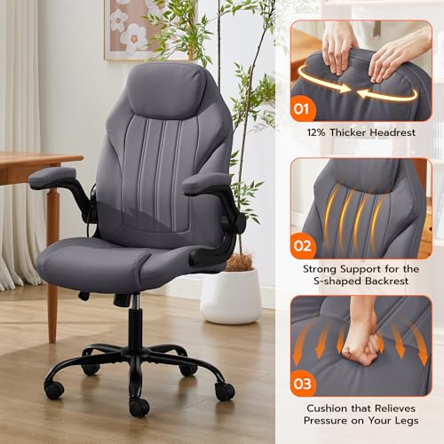 Ylzyxal Office Desk Chair, Ergonomic Computer Chair with Padded Flip-Up Arms and Adjustable Lumbar Support, PU Leather Executive Chair with Tilt Lock and 360° Swivel Rolling Wheels for Work, Study - color: Grey