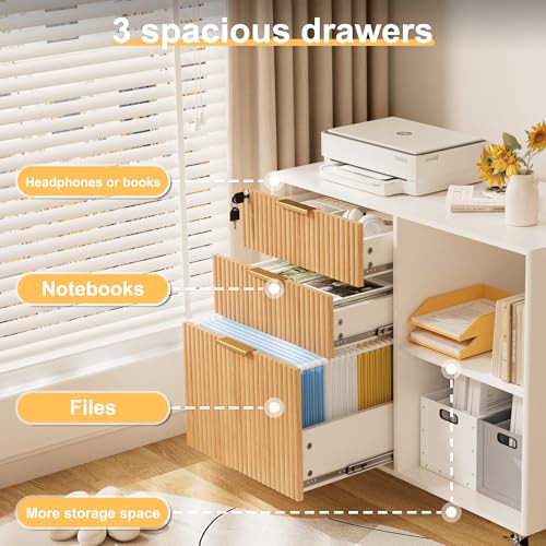 3 Drawer Fluted Mobile Filing Cabinet with Lock, Lateral Rolling Under Desk File Cabinet, Wooden Printer Stand Table for Home Office Essentials Storage Organization Furniture Letters/A4(Oak) - color: Oak-white