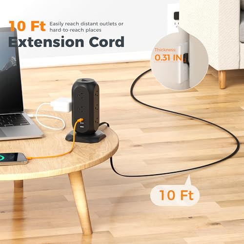 TESSAN Tower Power Strip Flat Plug with 1050J Protection, 10 Ft, Black | 11 Outlets 3 USB (1 USB C), Surge Protector Power Tower, Extension Cord with Multiple Outlets, Dorm, Office Desk Supplies - color: Black, size: 10 Feet