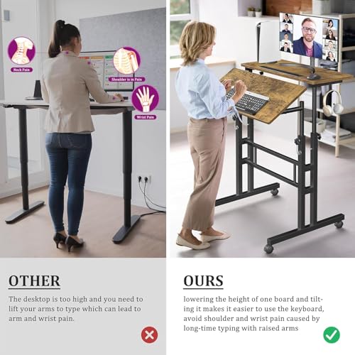 Simple Deluxe Split Top Rotating Standing Desk on Wheels – 23.6" Manual Adjustable Height Mobile Laptop Computer Table – Sit Stand Rolling Workstation with Tilt Function – Brown - color: Brown