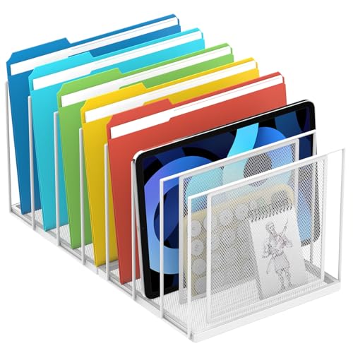 File Organizer For Desk, 7 Section Metal Desktop File Sorter, White | Desk file organizer, connectable 7 section design, 2.17 in spacing, vertical folder storage for home office and classroom - color: White, size: 7 Section