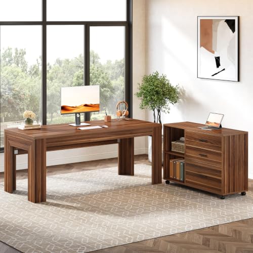 Tribesigns 63" L Shaped Desk with File Cabinet, Large Executive Office Desk with Rolling Filing Cabinet, Long Computer Table with Drawers, Business Furniture Set for Home Office, Light Walnut - color: Light Walnut