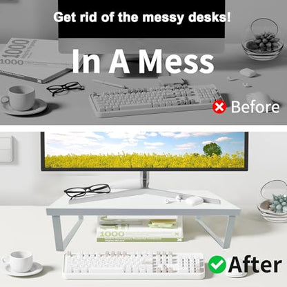 Stable Wood Computer Monitor Stand for Desk Organizer, Anti-slip Computer Riser Monitor Shelf for PC Laptop Notebook Home & Office (White)