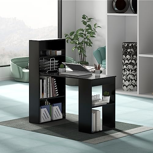 GIANTEX 48 Inch Computer Desk with Bookshelf, 3-in-1 Home Office Desk with 4-Tier Bookcase & CPU Stand, Space-Saving Reversible Writing Desk Work Table for Bedroom, Study Room, Office (Black) - color: Black