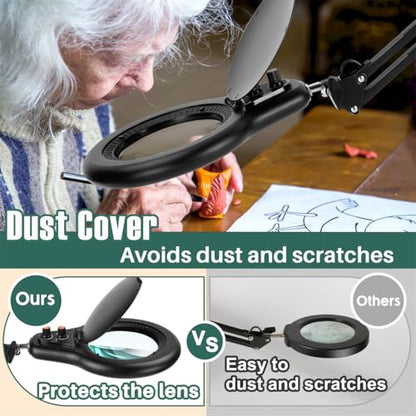 15X Magnifying Glass with Light and Stand, Bright 2,200 Lumens for Multi-Color Modes Dimmable, 3-in-1 Adjustable Swing Arm Floor Lamp, Hands Free Lighted Magnifier for Reading Crafts, Black