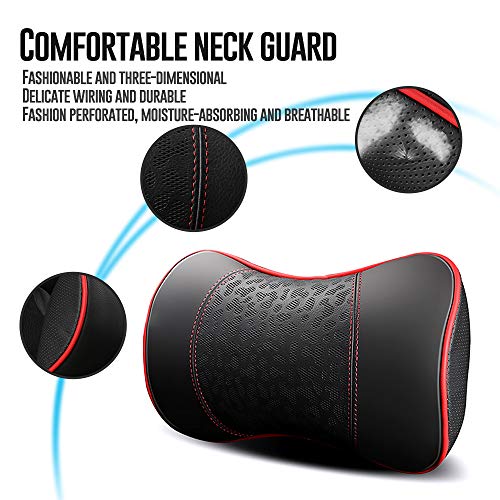 HAOTULE Car Leather Neck Pillows, Neck Rest Cushions,100% Memory Foam Cervical Support, Comfortable Travel car Seats and Home Office Soft Pillows, Red a Set (2 pcs) - color: Red