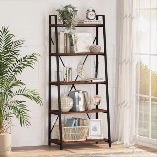 Ladder Shelf Bookcase, 5-Tier Industrial Ladder Bookshelf, Tall Living Room Shelves, Wood and Metal Leaning Shelf for Home Office, Kitchen, Bedroom, Balcony (Rustic Oak) - color: Rustic Oak, size: 5-Tier