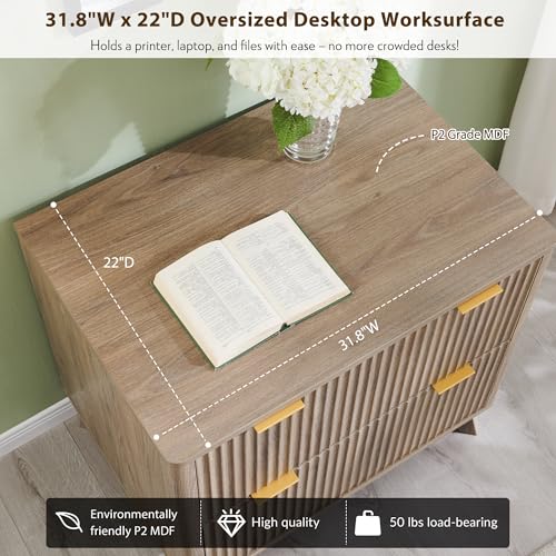 T4TREAM 31.8-Inch Fluted 2-Drawer Lateral File Cabinet, Alder Grey | Filing Cabinet with Files Hanging Rod for Letter, Legal, A4, Large Tabletop for Printer, Wood Printer Cabinets, Home Office - color: Alder Grey