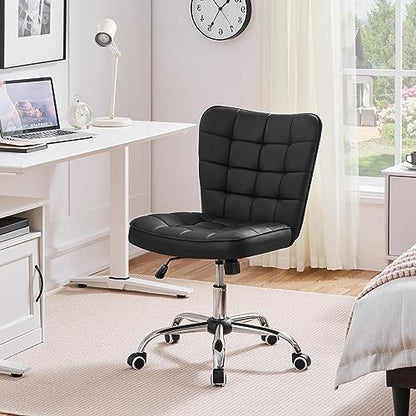 Yaheetech Black Tufted Armless Office Desk Chair with Wheels, Faux Leather - color: Black