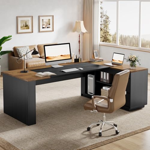Tribesigns 78" L Shaped Executive Desk with Drawers, Large Office Computer Desk with Cabinet and Storage Shelves, Modern Business Furniture Sets Workstation for Home Office (Brown&Black) - color: Brown&black