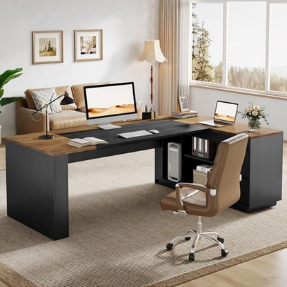 Tribesigns 78" L Shaped Executive Desk with Drawers, Large Office Computer Desk with Cabinet and Storage Shelves, Modern Business Furniture Sets Workstation for Home Office (Brown&Black) - color: Brown&black