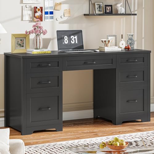 Vabches Home Office Desk with 7 Drawers, Pure Black. | Farmhouse 61'' Rustic Office Desk Computer Table with File Drawers, Wood Workstation for Home Office and Study. - color: 61in Pure Black