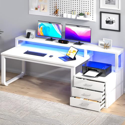 MaverickFurni 67" White Office Desk with 3 Drawers and LED Lights - color: White
