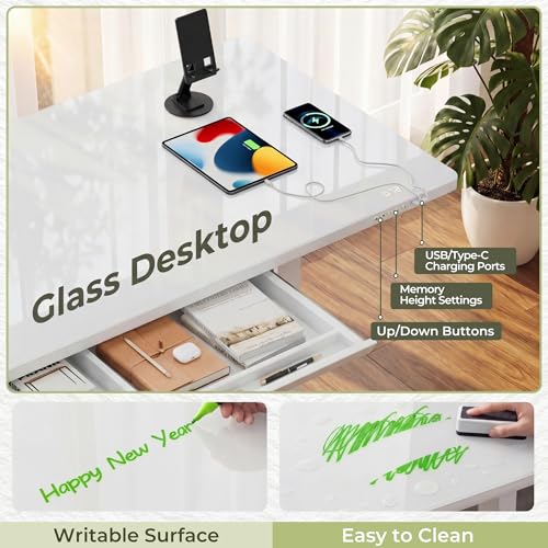 Furmax Glass Standing Desk with Drawers, Electric Adjustable Home Office Sit Stand Desk with One-Piece Desktop & USB Charging Port for Computer Desks - color: White Glass