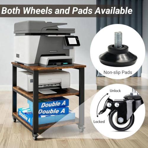 Natwind 3 Tier Laser Printer Stand,20''x20'' Side Table for Printer, Retro | Large Printer Table ,Copier Stand with Industrial Wheels, Heavy Duty Stand, 1.6''x0.8'' Thick Steel Tube, for Home Office - color: Retro