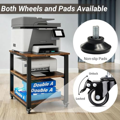 Natwind 3 Tier Laser Printer Stand,20''x20'' Side Table for Printer, Retro | Large Printer Table ,Copier Stand with Industrial Wheels, Heavy Duty Stand, 1.6''x0.8'' Thick Steel Tube, for Home Office - color: Retro