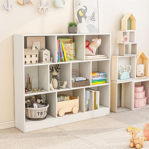 LDAILY 10 Cubes Book Shelf, 3 Shelf Bookcase Cabinet with 10 Compartments, Strong Base and Closed Back, Open Shelf Storage Organizer Bookshelf for Living Room, Bedroom, Office & Hallway (White)