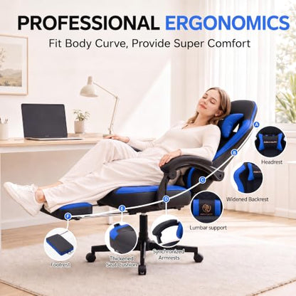 Desk Computer Gaming Chair - High Back Ergonomic Office Chair with Footrest and Lumbar Support, Swivel Comfy Home Gamer Video Game Chairs with Pocket Spring Cushion for Adults (Blue Leather) - color: Classic Blue Leather
