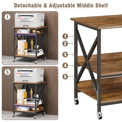 VENNQD 23.6 x 23.6 x 30.3 Inches Printer Stand, Large Printer Table with Adjustable Middle Shelf, Rolling Printer Cart with Wheels, 3 Tier Printer Table for Home Office Scanner Fax, Rustic Brown - color: Rustic Brown