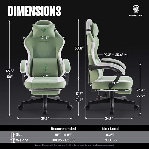 Dowinx Gaming Chair Fabric with Pocket Spring Cushion, High Back Ergonomic Computer Chair with Footrest for Adults, Massage Lumbar Support Swivel Game Chair for Office Gaming 300LBS, Green - color: Green