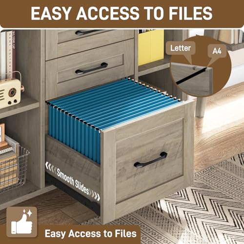 Vabches File Cabinet with 3 Drawers, Farmhouse Lateral File Cabinet Fits Files Letter/A4 Size, Wooden Filing Cabinet with Adjustable Shelves Printer Stand for Home Office, Grey - color: Grey