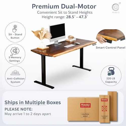 Walnut Standing Desk with Drawer - W60 x D27 Solid Wood Live Edge Adjustable Height Sit Stand Desk - Stable Dual Motor with Memory Presets, Quick Assembly - Stand Up Home Office Table by MWS Studio