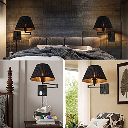 17" Swing Arm Wall Lamp USB & AC Outlet, Dimmable, Black - color: Black