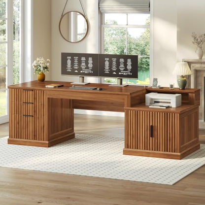 SEDETA 70.9" Executive Desk, Fluted Office Desk with Drawers, Fluted Brown - color: Fluted Brown, size: 70.9" Executive Desk