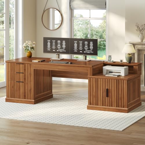 SEDETA 70.9" Executive Desk, Fluted Office Desk with Drawers, Fluted Brown - color: Fluted Brown, size: 70.9" Executive Desk