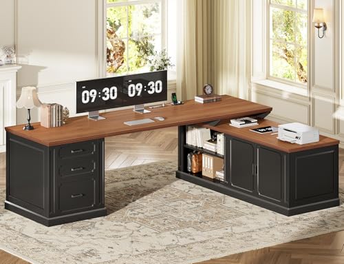 SEDETA Farmhouse L Shaped Desk with Drawers, 70.9" Home Office Desk with Storage Cabinet and Storage Shelves, L Shaped Computer Desk with Power Outlet，Black+Brown - color: Black+brown, size: 70.9" L Shaped Desk