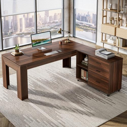 Tribesigns 63" L Shaped Desk with Storage, Executive Office Desk with Mobile Lateral File Cabinet Combo, Large Computer Table with Drawers and Shelves, Business Furniture Set for Home Office, Walnut - color: Walnut