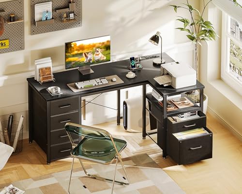 Coleshome 55 Inch L Shaped Office Desk with 6 Drawers, Power Outlet, Black - color: Black, size: 55 Inch
