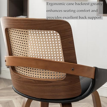 Set of 1 Rattan Dining Chair - Mid Century Modern Chair with Ergonomic Cane Back, Bentwood Frame, Faux Leather Seat, Arms, Walnut Dining Chair for Living Room/Reception/Kitchen (Walnut Black) - color: Walnut Black, size: Set of 1