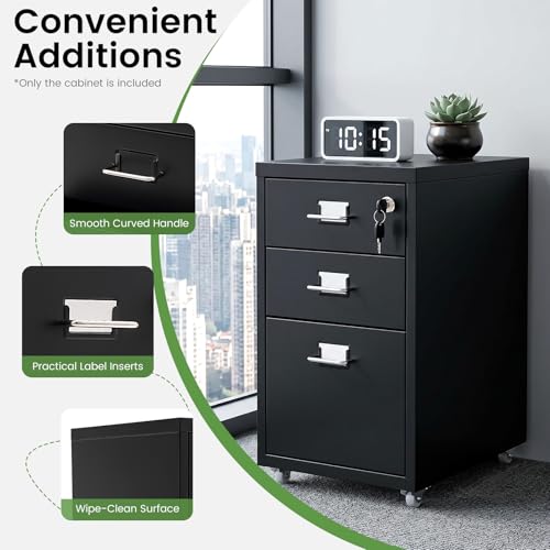 3-Drawer Metal File Cabinet, Mobile File Cabinet with Lock, Rolling Vertical Filing Drawers Under Desk for Home Office, 11 * 16 * 18.3in (Black) - color: Black