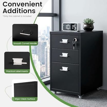 3-Drawer Metal File Cabinet, Mobile File Cabinet with Lock, Rolling Vertical Filing Drawers Under Desk for Home Office, 11 * 16 * 18.3in (Black) - color: Black