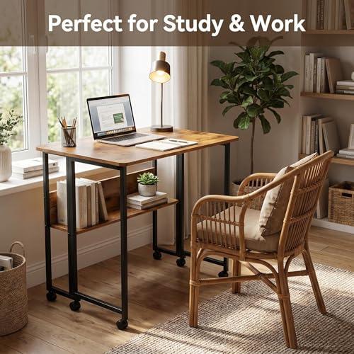 Mobile Foldable Desk w/Wheels and Feet Pads, Foldable Computer Desk, Folding Desk, Small Computer Desk for Small Spaces, Folding Table for Office Bedroom Living Room-Rustic Brown - color: Brown Folding Table