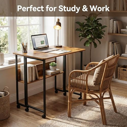 Mobile Foldable Desk w/Wheels and Feet Pads, Foldable Computer Desk, Folding Desk, Small Computer Desk for Small Spaces, Folding Table for Office Bedroom Living Room-Rustic Brown - color: Brown Folding Table