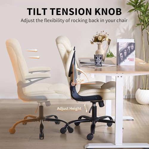 Ergonomic Home Office Chair PU Leather Comfy Computer Chair, Beige | Flip-up Armrest, Height Adjustable, Lumbar Support, 360° Swivel Wheels Managerial Executive Chairs for Work Gaming Home Use - color: Beige