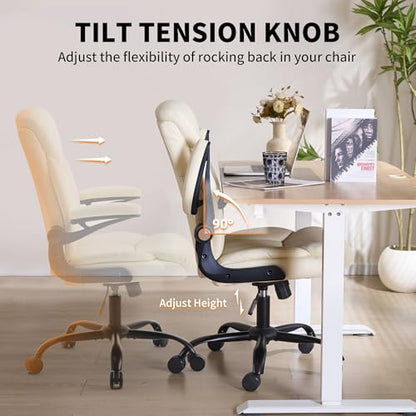 Ergonomic Home Office Chair PU Leather Comfy Computer Chair, Beige | Flip-up Armrest, Height Adjustable, Lumbar Support, 360° Swivel Wheels Managerial Executive Chairs for Work Gaming Home Use - color: Beige