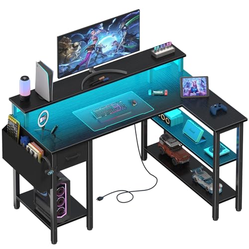 Lufeiya L Shaped Gaming Desk with Storage Shelves, 47 inch Home Office Desk with Monitor Stand, Computer Desk with LED Lights,Power Outlets and Fabric Drawers, Black - color: Black