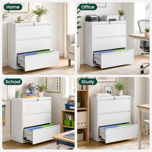 3 Drawer Lateral File Cabinet, Metal Filing Cabinet for Home Office, White | Heavy-Duty Steel Locking Large File Cabinet, Hanging Letter/Legal/A4 Size, Full-Extension Silent Drawer, Un-Assembly - color: White, size: 3 Drawers (35.43 in Width)