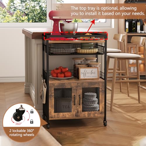 Hencawima Coffee Bar Cabinet, 3 Tier Coffee Station Table on Wheels, 35.9" H Bar Cart with Wire Basket Drawer & 5 Hooks for Home Kitchen, Liquor Buffet Sideboard Cabinet (Rustic Brown) - size: Large