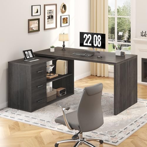 HSH 55-76 Inch Dark Grey L Shaped Desk,Corner Desk with Storage Drawers | Morden Reversible Home Office Desk,Wood 360 Rotating Executive Coumputer Desk With Open Shelves,Long For Work,Study,Gaming - color: Dark Gray
