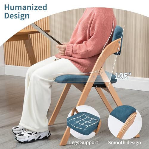 Folding Chairs with Cushion Padded Foldable Chiars 4 Pack | Wooden Dining Seat with Removable Cover Extra for Guests Kitchen Office Wedding Party Picnic, Smog Blue - color: Smog Blue, size: 4PCS