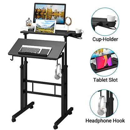 Klvied Adjustable Height Standing Desk with Cup Holder, Portable and Easy to Move, Ideal for Home or Office, Black - color: Black