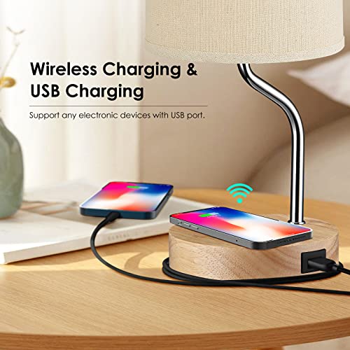 Set of 2 Smart Bedside Table Lamp with Wireless Charger & USB Port - Touch Control LED Desk Lamp for Bedroom, Dimmable Wooden Nightstand Lamp with Fabric Shade for Living Room, Kid's Room, (Cream) - color: Set of 2(Cream)