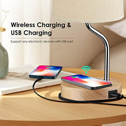 Set of 2 Smart Bedside Table Lamp with Wireless Charger & USB Port - Touch Control LED Desk Lamp for Bedroom, Dimmable Wooden Nightstand Lamp with Fabric Shade for Living Room, Kid's Room, (Cream) - color: Set of 2(Cream)